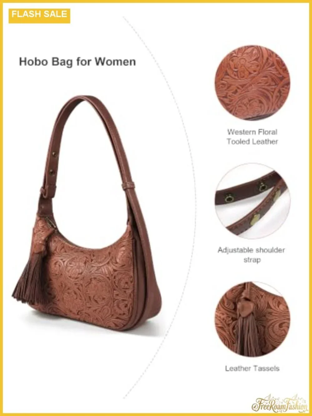 Vegan Leather Floral Embossed Hobo Shoulder Bag with Tassel Crossbody